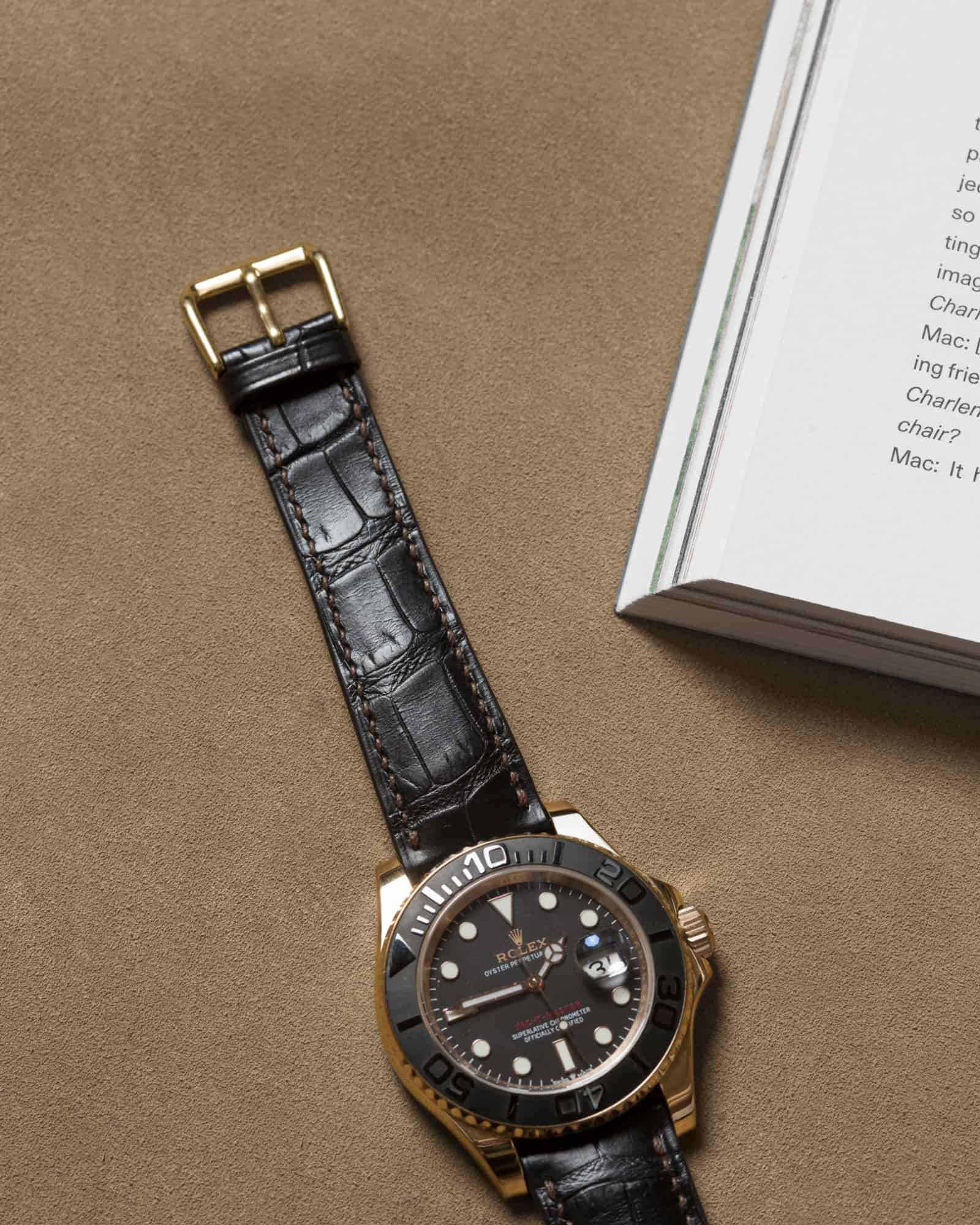 Alligator leather watch strap with matched square scales fitted to a Rolex Yacht-Master, made by AKC